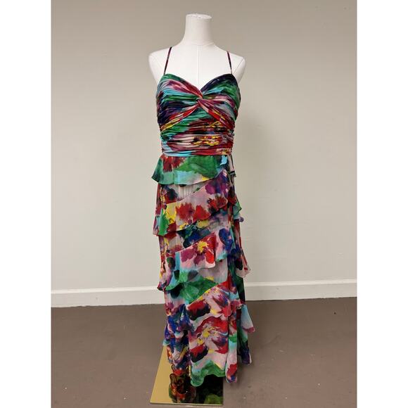 Xscape Multi-Printed Chiffon Sleeveless Tiered Dress Sweetheart Neck Size 14 - Picture 2 of 5